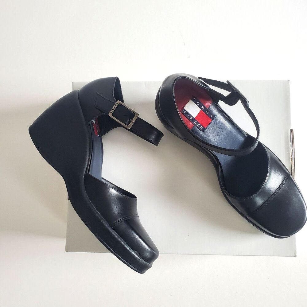 Vintage  Y2K Tommy Hilfiger Women’s Mary Jane Wedge Shoes Size 6.5 Black Leather